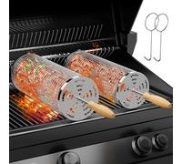 JUAUO Panier Barbecue en Acier Inoxydable Accessoires Barbecue (2PCS), Poignée en Bois Amovible, Ustensiles Barbecue pour Légumes, Viande et Fruits de Mer, BBQ Cadeaux d'Anniversaire pour Hommes