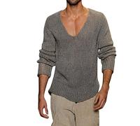 JUBEN Pull pour homme - Couleur unie - Pull baggy en tricot - Mode col en V - Pull en maille fine - Décontracté - Doux - Manches longues - Hauts - Automne - Hiver - Chaud - Sweat-shirt à fente, Gris