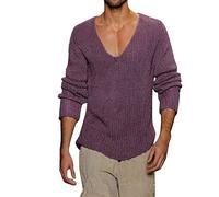 JUBEN Pull pour homme - Couleur unie - Pull baggy en tricot - Mode col en V - Pull en maille fine - Décontracté - Doux - Manches longues - Hauts - Automne - Hiver - Chaud - Sweat-shirt à fente,