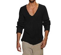 JUBEN Pull pour homme - Couleur unie - Pull en tricot - Col en V - Maille fine - Pull décontracté - Pull à manches longues - Automne - Hiver - Chaud - Sweat-shirt à ourlet fendu, #257-noir, XXXL