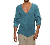 JUBEN Pull pour homme - Couleur unie - Pull en tricot - Col en V - Maille fine - Pull décontracté - Pull à manches longues - Automne - Hiver - Chaud - Sweat-shirt à ourlet fendu, #258-bleu, M