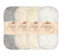 JubileeYarn, Fil de coton et bambou sport, 4 écheveaux, 50 g/écheveau, nuances de tons de blanc