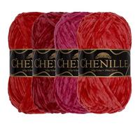 JubileeYarn Lot de 4 écheveaux de fil chenille à crochet et à tricoter, en poids peigné, velours multicolore varié, 100 g/écheveau, nuances de rouge