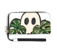 Jubonexis Adorable fantôme portant une plante Monstera en cuir synthétique long portefeuille à deux volets, porte-monnaie, carte de crédit, porte-monnaie, stockage d'argent durable pour homme et femme