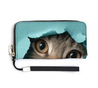 Jubonexis Adorable portefeuille long à deux volets en cuir synthétique avec motif chat qui regarde depuis un trou, porte-monnaie, carte de crédit, rangement de l'argent pour homme et femme