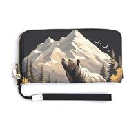 Jubonexis Bear in Front of Mountain Portefeuille long en cuir synthétique à deux volets, porte-monnaie, carte de crédit, porte-cartes et argent pour homme et femme