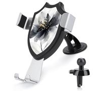 Jubonexis Belle fleur noire et blanche avec support de téléphone de voiture doré triangle clip base grille d'aération support de voiture accessoires automobiles pour smartphones portables de 4 à 6
