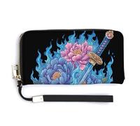 Jubonexis Blue Flames Katana Portefeuille à deux volets en cuir synthétique avec motif fleurs de pivoine pour pièces de monnaie, carte de crédit, porte-cartes et argent pour homme et femme
