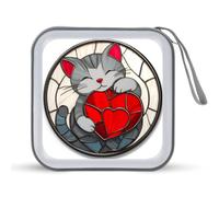 Jubonexis Boîtier de rangement portable en verre teinté pour CD, DVD et chat gris cœur rouge pour voiture, maison, voyage