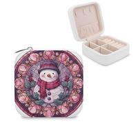 Jubonexis Bonhomme de neige avec chapeau, écharpe, houx, rose pastel, petite boîte à bijoux, organisateur de bijoux portable en cuir PU, mini étui à bijoux de voyage