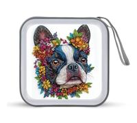 Jubonexis Boston Terrier Étui de rangement portable pour CD DVD ou voiture Motif terrier avec fleurs