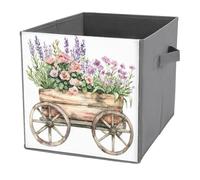 Jubonexis Chariot de jardin en bois avec fleurs aquarelles Cubes de rangement pliables en tissu décoratif Paniers de rangement avec poignées pour étagères, placards, 27 x 27 cm