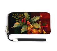 Jubonexis Chaussette de Noël avec feuilles de houx et clochette en cuir synthétique - Portefeuille long à deux volets - Porte-monnaie - Porte-monnaie - Porte-cartes - Stockage d'argent pour homme et