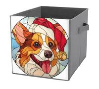 Jubonexis Corgi en verre teinté portant un chapeau de Noël Cubes de rangement pliables en tissu décoratif Paniers de rangement avec poignées pour étagères, placards, 27 x 27 cm