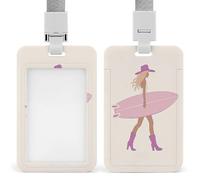 Jubonexis Cowgirl tenant une planche de surf rose - Porte-badge minimaliste rétractable à clip - Protecteur de carte - Badge nominatif pour travail, bureau, médecin, infirmière