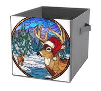 Jubonexis Cubes de rangement en forme de cerf portant un chapeau de Noël en vitrail - Paniers de rangement pliables en tissu décoratif avec poignées pour étagères, placards - 27 x 27 cm