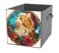 Jubonexis Cubes de rangement en forme de chat orange portant un chapeau de Père Noël - Cubes de rangement pliables en tissu décoratif avec poignées pour étagères, placards, 27 x 27 cm