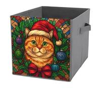 Jubonexis Cubes de rangement en forme de chat tigré portant un chapeau de Père Noël rouge - Cubes de rangement pliables en tissu décoratif avec poignées pour étagères, placards, 27 x 27 cm