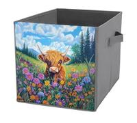 Jubonexis Cubes de rangement en forme de vache des Highlands dans un champ de fleurs - Cubes de rangement pliables en tissu décoratif avec poignées pour étagères, placards, 27 x 27 cm