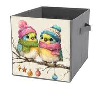 Jubonexis Cubes de rangement en forme d'oiseaux mignons portant des chapeaux d'hiver colorés - Cubes de rangement pliables en tissu décoratif avec poignées pour étagères, placard, 27 x 27 cm
