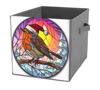 Jubonexis Cubes de rangement pliables en tissu avec poignées pour étagères, placards, motif oiseau portant un chapeau de Père Noël, 27 x 27 cm