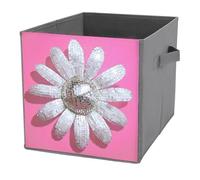 Jubonexis Cubes de rangement pliables en tissu avec poignées pour étagères, placards, motif tête de marguerite, blanc, argenté, 27 x 27 cm