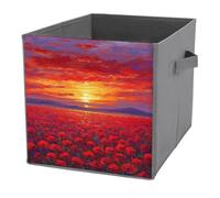 Jubonexis Cubes de rangement pliables en tissu décoratif avec poignées pour étagères, placards, 27 x 27 cm, rouge coucher de soleil sur champ de coquelicots