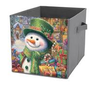 Jubonexis Cubes de rangement pliables en tissu décoratif avec poignées pour étagères, placards, bonhomme de neige portant un chapeau vert, 27 x 27 cm