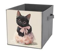 Jubonexis Cubes de rangement pliables en tissu décoratif avec poignées pour étagères, placards, chat noir portant un ruban rose pastel, 27 x 27 cm