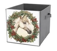 Jubonexis Cubes de rangement pliables en tissu décoratif avec poignées pour étagères, placards, motif cheval portant une couronne de Noël, 27 x 27 cm
