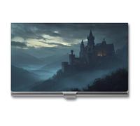 Jubonexis Dark Fantasy Porte-cartes de visite en métal fin Motif château antique Montagne sombre Pour homme et femme