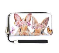 Jubonexis Deux lapins de Pâques panier à fleurs œufs colorés pochette en cuir PU long portefeuille à deux volets, porte-monnaie, carte de crédit, porte-monnaie durable pour homme et femme