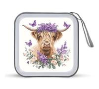 Jubonexis Étui de rangement portable pour CD, DVD ou voiture Motif vache Highland avec fleur violette