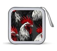 Jubonexis Étui de rangement portable pour CD, DVD, voiture, maison, voyage - Coq noir et blanc avec plumes rouges