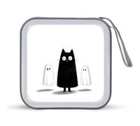 Jubonexis Étui de rangement portable pour CD, DVD, voiture, maison, voyage Motif chat noir et deux fantômes d'Halloween