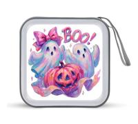 Jubonexis Étui de rangement portable pour CD, DVD, voiture, maison, voyage Motif deux fantômes avec citrouille d'Halloween rose