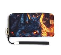 Jubonexis Fire Wolf Portefeuille long à deux volets en cuir synthétique avec drapeau américain pour pièces de monnaie, carte de crédit, stockage d'argent pour homme et femme