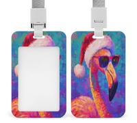 Jubonexis Flamant rose portant un chapeau de Père Noël avec lunettes de soleil, porte-badge rétractable, porte-cartes, porte-nom, porte-nom pour travail, bureau, médecin, infirmière
