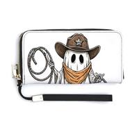 Jubonexis Ghost portant un chapeau de cowboy marron en cuir PU long portefeuille à deux volets, porte-monnaie, carte de crédit, porte-cartes, stockage d'argent pour homme et femme