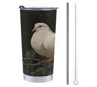 Jubonexis Gobelet de voyage de 591 ml avec deux colombes blanches perchées sur une branche à feuilles persistantes, tasse à café isotherme en acier inoxydable avec couvercle à paille et brosse de