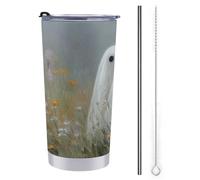 Jubonexis Gobelet de voyage de 591 ml avec motif de fantômes mignons dans le champ de fleurs sauvages, bouteille d'eau isotherme en acier inoxydable avec couvercle à paille et brosse de nettoyage