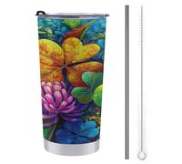 Jubonexis Gobelet de voyage de 591 ml avec motif mosaïque vibrante de trèfles à quatre feuilles, tasse à café isotherme en acier inoxydable avec couvercle à paille et brosse de nettoyage