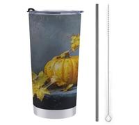 Jubonexis Gobelet de voyage de 591 ml avec trois citrouilles et feuilles jaunes sur la table, tasse à café isotherme en acier inoxydable avec couvercle à paille et brosse de nettoyage