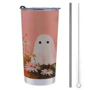 Jubonexis Gobelet de voyage de 591 ml avec trois fantômes blancs dans le champ avec marguerites, tasse à café isotherme en acier inoxydable avec couvercle à paille et brosse de nettoyage