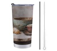 Jubonexis Gobelet de voyage rustique de 591 ml pour table de cuisine, tasse à café, pain, bouteille d'eau, tasse à café isotherme en acier inoxydable avec couvercle à paille et brosse de nettoyage