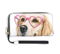 Jubonexis Golden Retriever Portefeuille long à deux volets en cuir synthétique avec lunettes en forme de cœur rose, porte-monnaie, carte de crédit, porte-cartes et argent pour homme et femme