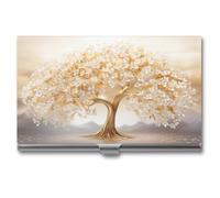 Jubonexis Golden Tree of Life Porte-cartes de visite fin en métal avec fleurs blanches pour homme et femme