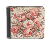 Jubonexis Grand portefeuille à deux volets en cuir synthétique souple avec motif fleurs roses et rouges pour pièces de monnaie, carte de crédit, portefeuille fin et durable pour homme et femme