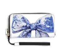 Jubonexis Grand portefeuille à deux volets en toile blanche et bleu marine à double boucle avec nœud en cuir synthétique, porte-monnaie, carte de crédit, rangement de l'argent pour homme et femme
