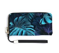 Jubonexis Grand portefeuille Monstera en cuir synthétique à deux volets avec motif de feuilles noires sur fond bleu foncé pour pièces de monnaie, carte de crédit, stockage d'argent pour homme et femme